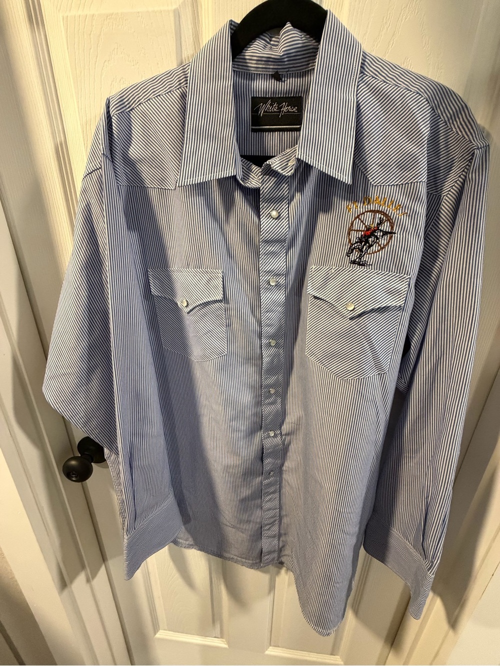 White Horse Blue Stripe Pearl Snap Long Sleeve